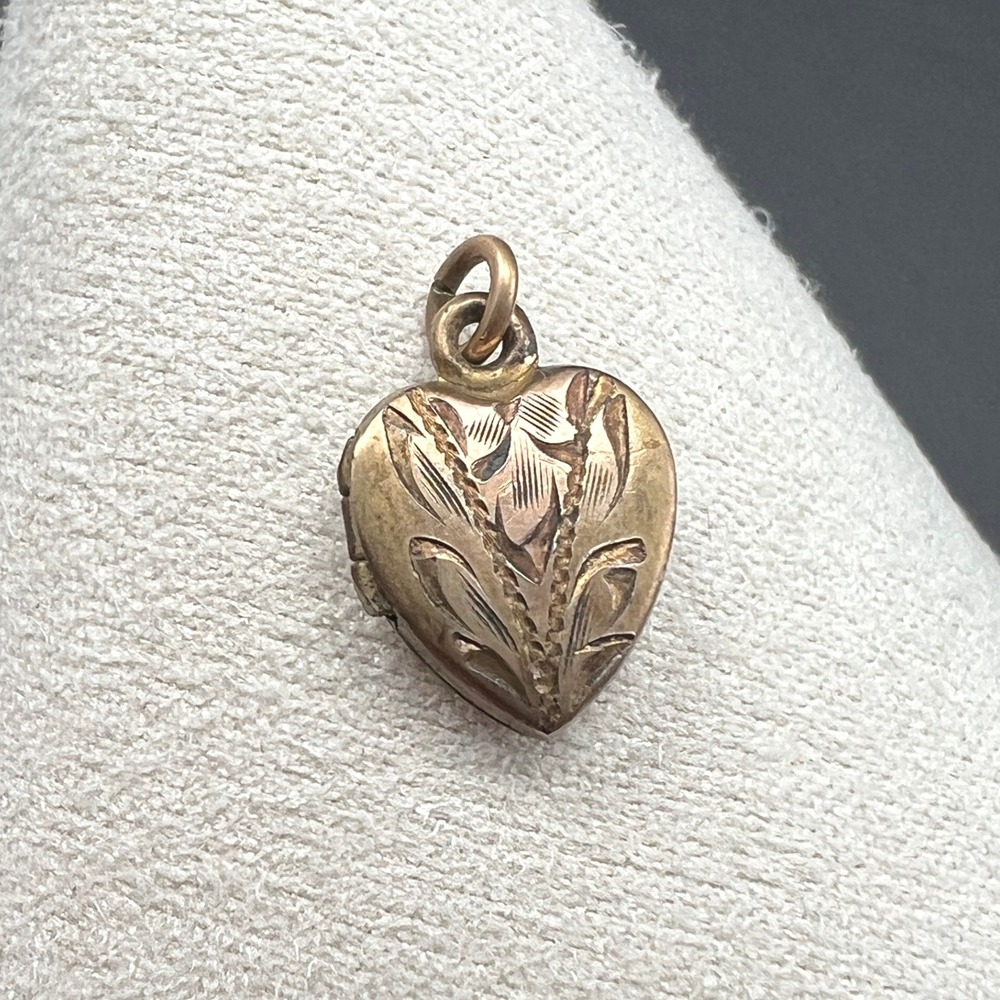 Tiny Vintage Gold Filled Locket Etched Heart Engraved Patsy Signed HFB 10KT GF